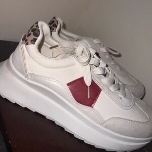 Madden Girl White and Red Sneakers with Leopard Detail Barely worn maybe once